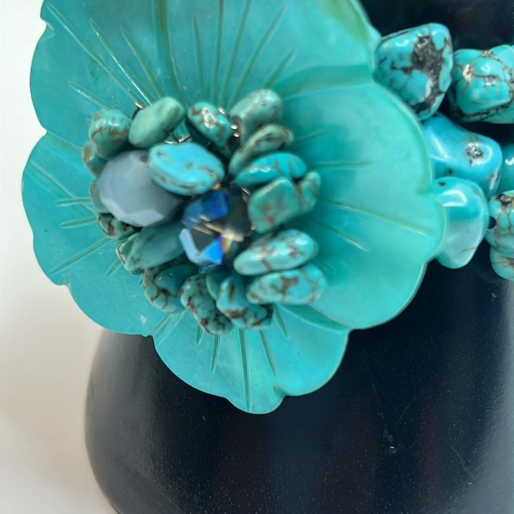 Hand Beaded Turquoise 3-Strand Floral Bracelet